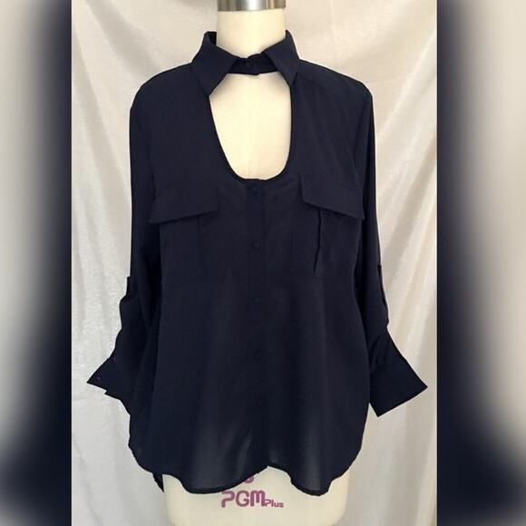 Double Zero Navy Blue Black High Low Semi Sheer Button Shirt M - Picture 1 of 10